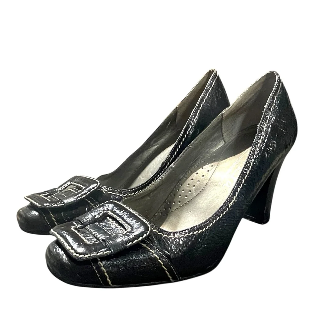 Italian Shoemakers Contesa Women 7 Pumps Square Toe Contrast Stitch Leather Blac